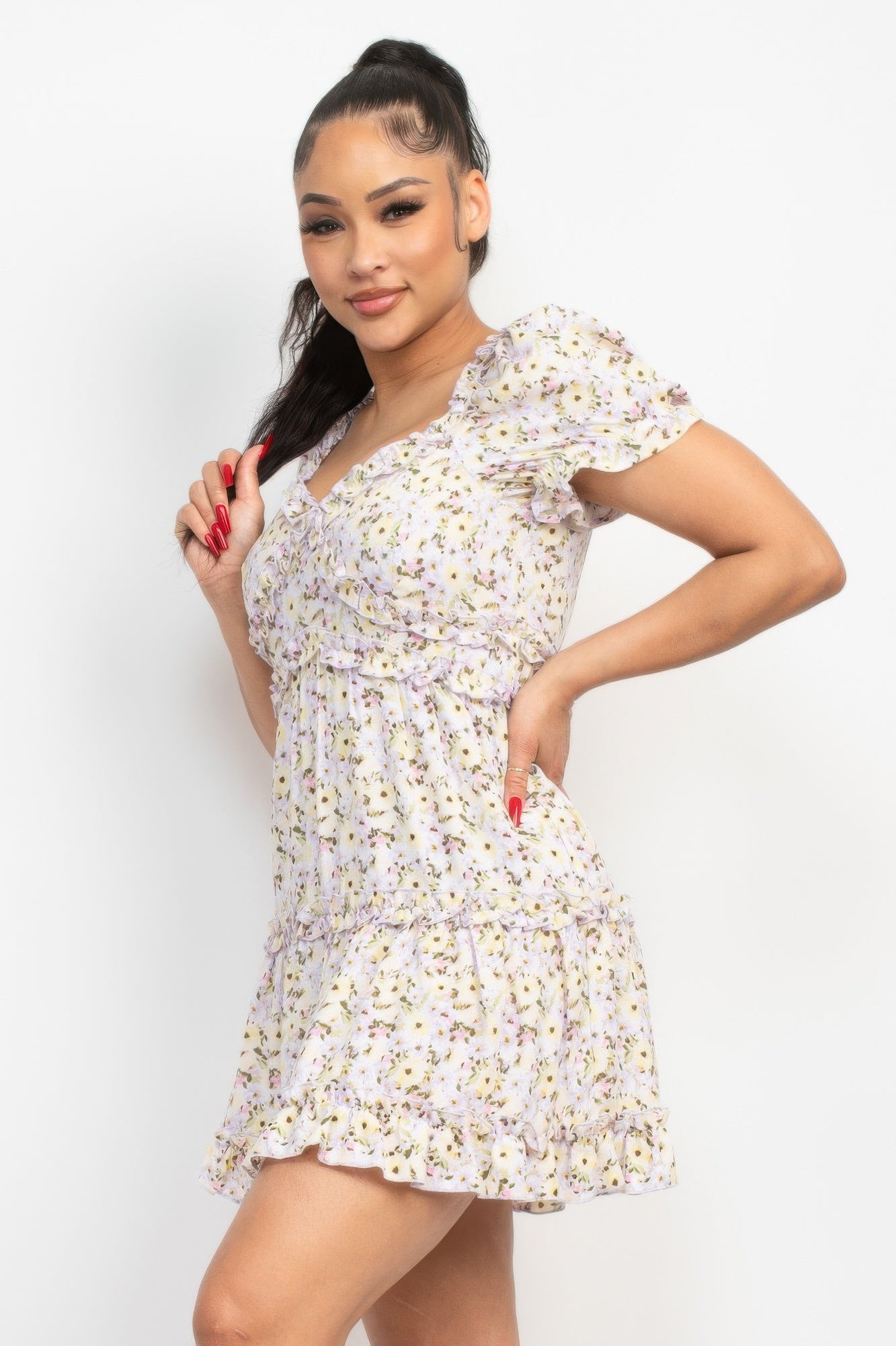 Ruffled Floral Puff Sleeve Dress-Product Type | Naughty Smile Fashion