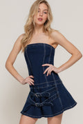 Strapless Stretch Denim Mini Pleats Dress-Product Type | Naughty Smile Fashion