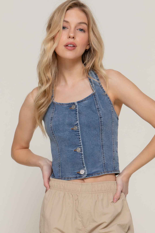 New Arrival – Button Down Stretch Denim Halter Top – New Arrival Now Live