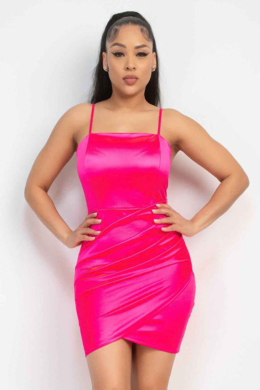New Arrival – Overlapping Hem Shirred Satin Dress – New Arrival Now Live