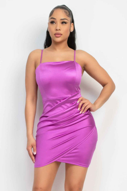 New Arrival – Overlapping Hem Shirred Satin Dress – New Arrival Now Live