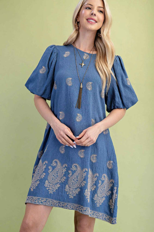 New Arrival – Paisley Embroidered Round Neck Mini Dress With Short Puff Sleeves – New Arrival Now Live