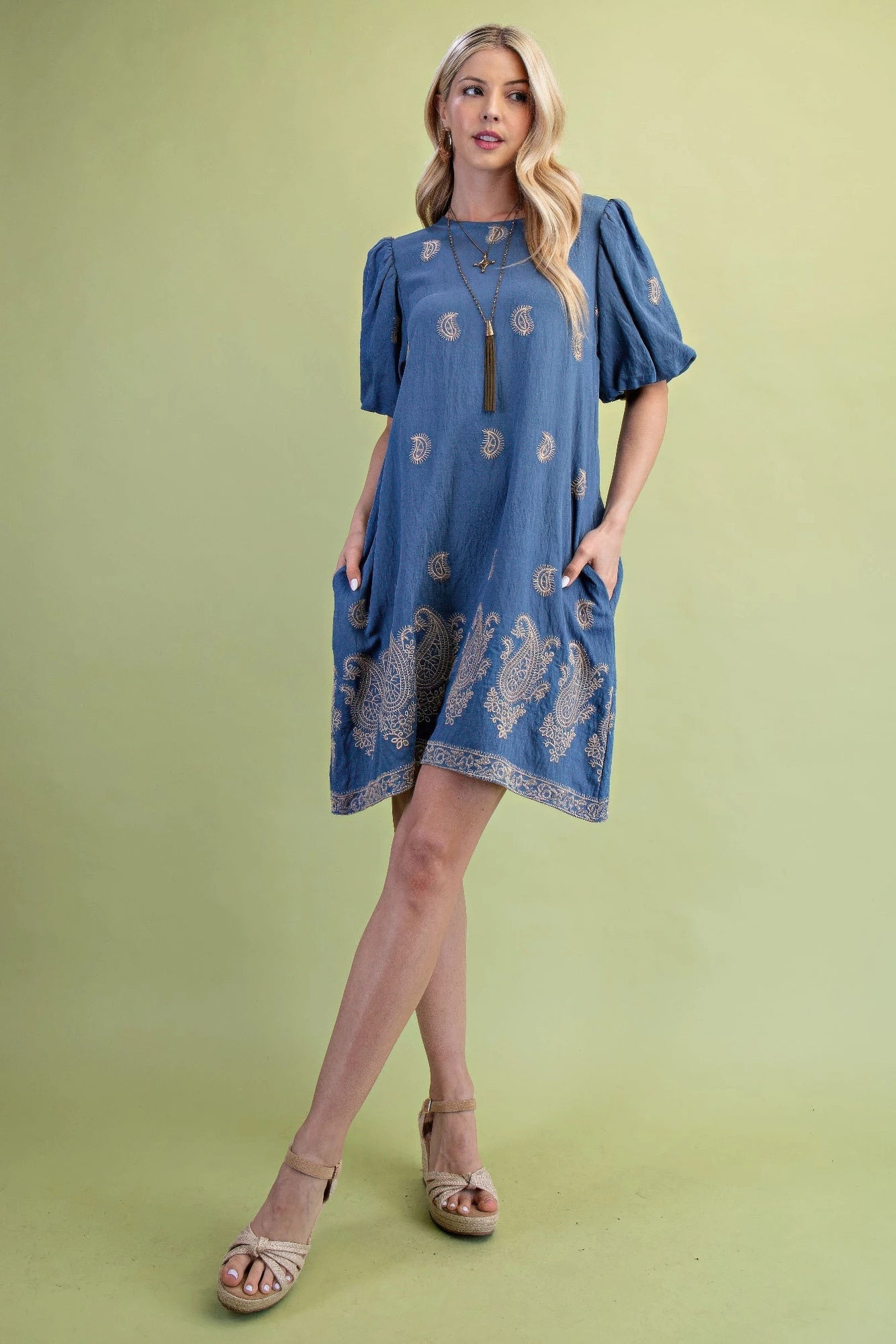 Paisley Embroidered Round Neck Mini Dress With Short Puff Sleeves-Product Type | Naughty Smile Fashion