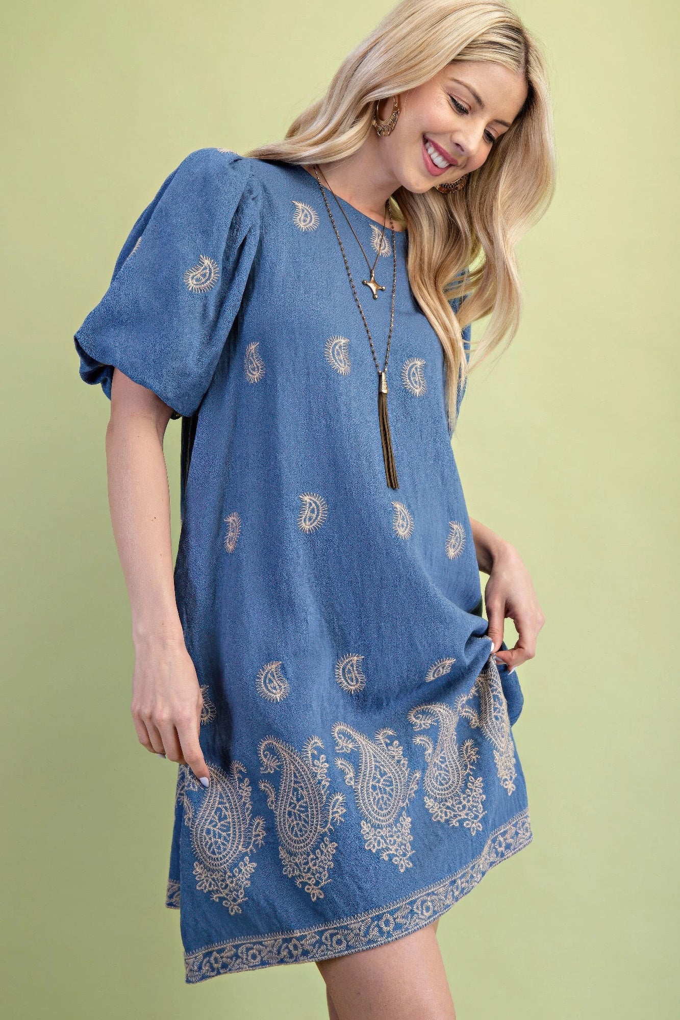 Paisley Embroidered Round Neck Mini Dress With Short Puff Sleeves-Product Type | Naughty Smile Fashion