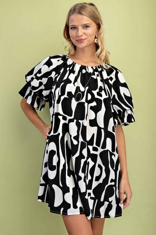 New Arrival – Geometric Print Loose Fit Mini Dress With Gathered Balloon Sleeves – New Arrival Now Live
