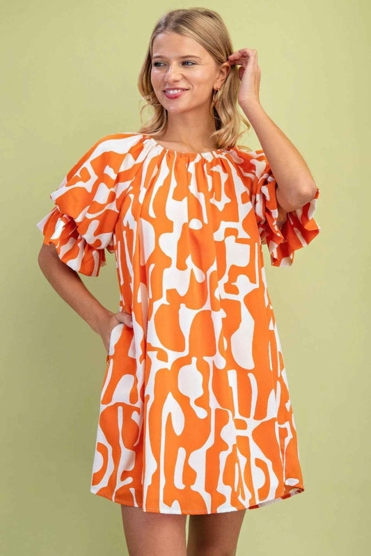New Arrival – Geometric Print Loose Fit Mini Dress With Gathered Balloon Sleeves – New Arrival Now Live