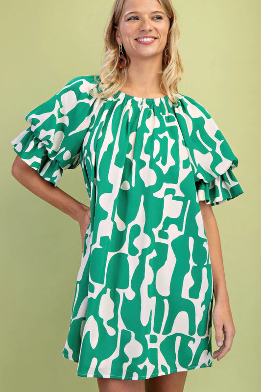 New Arrival – Geometric Print Loose Fit Mini Dress With Gathered Balloon Sleeves – New Arrival Now Live