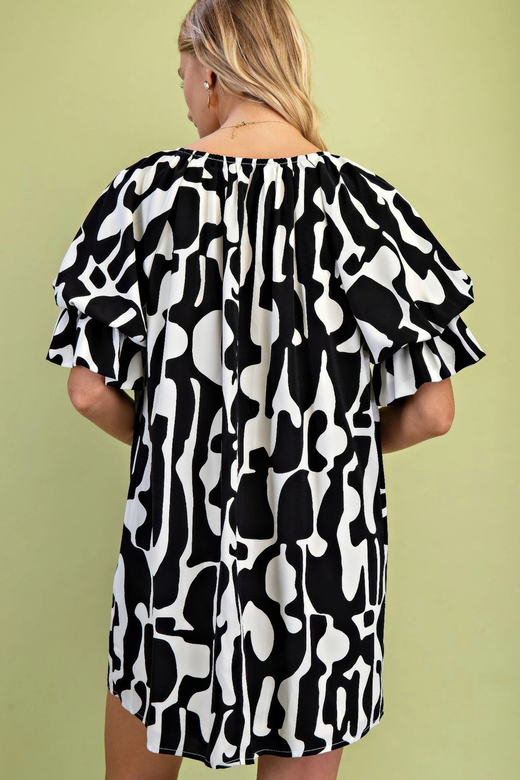 Geometric Print Loose Fit Mini Dress With Gathered Balloon Sleeves-Product Type | Naughty Smile Fashion