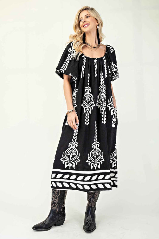 New Arrival – Printed Midi Dress With Short Puff Sleeves – New Arrival Now Live