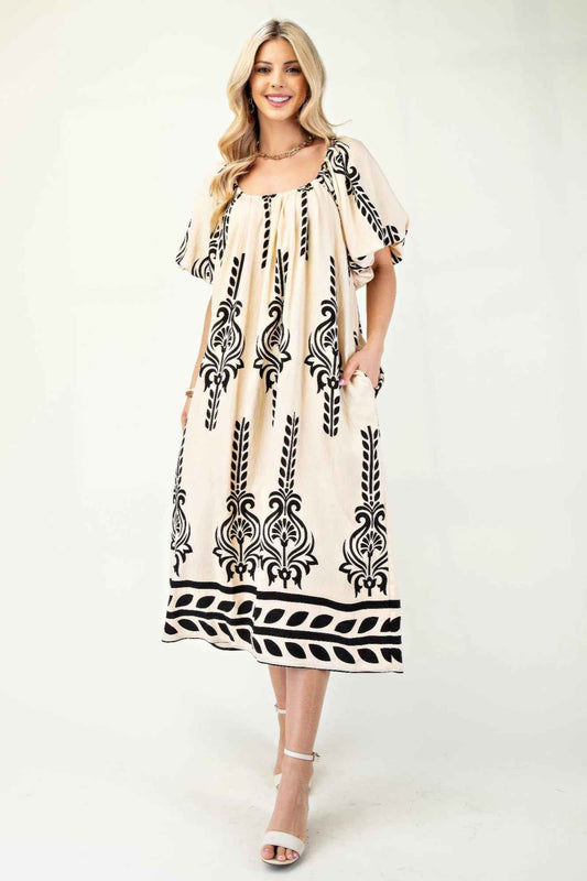 New Arrival – Printed Midi Dress With Short Puff Sleeves – New Arrival Now Live