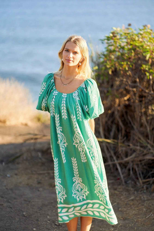 New Arrival – Printed Midi Dress With Short Puff Sleeves – New Arrival Now Live