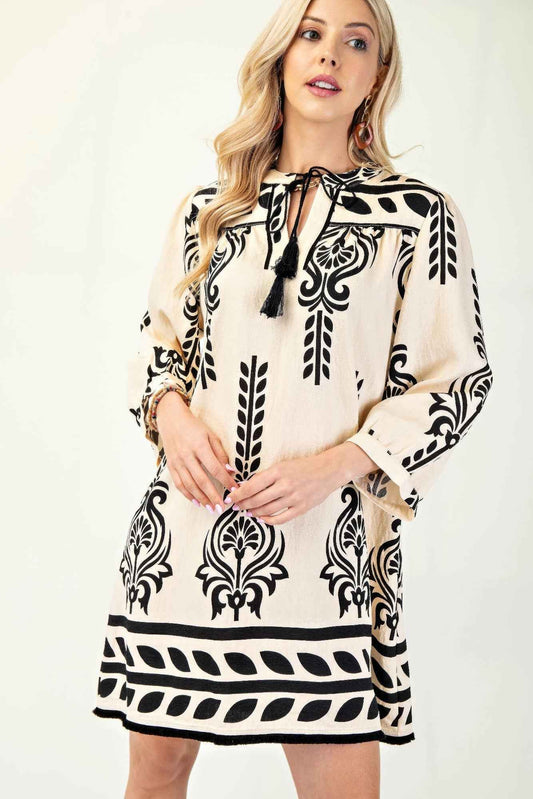 New Arrival – Printed 3/4 Sleeve Dress With Tassel Tie And Fringe Detail On Hem – New Arrival Now Live