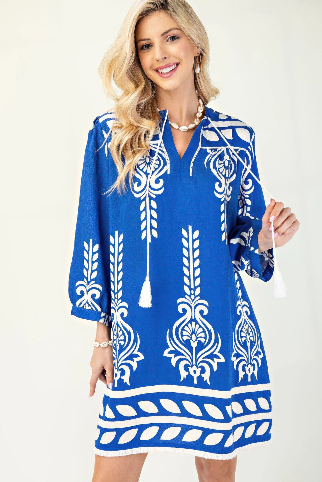 Printed 3/4 Sleeve Dress With Tassel Tie And Fringe Detail On Hem-Product Type | Naughty Smile Fashion