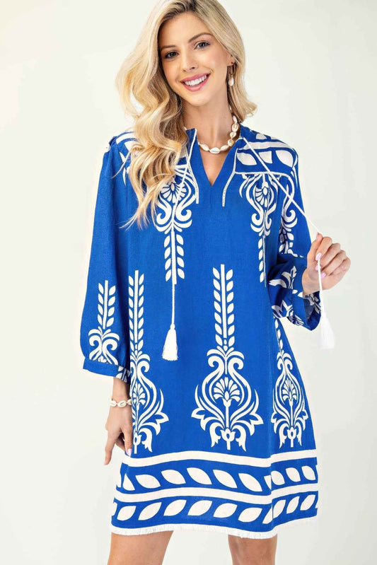 New Arrival – Printed 3/4 Sleeve Dress With Tassel Tie And Fringe Detail On Hem – New Arrival Now Live
