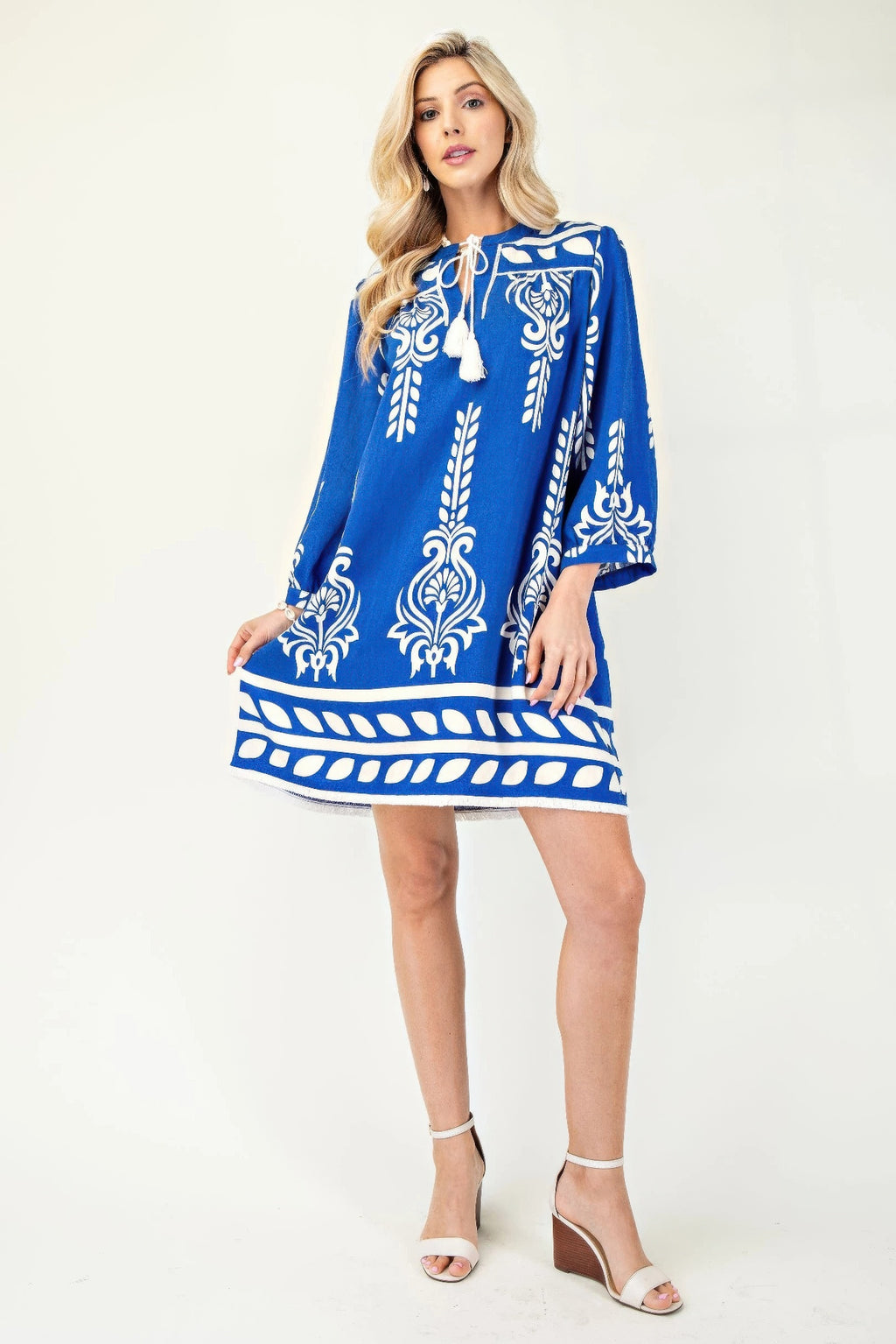 Printed 3/4 Sleeve Dress With Tassel Tie And Fringe Detail On Hem-Product Type | Naughty Smile Fashion