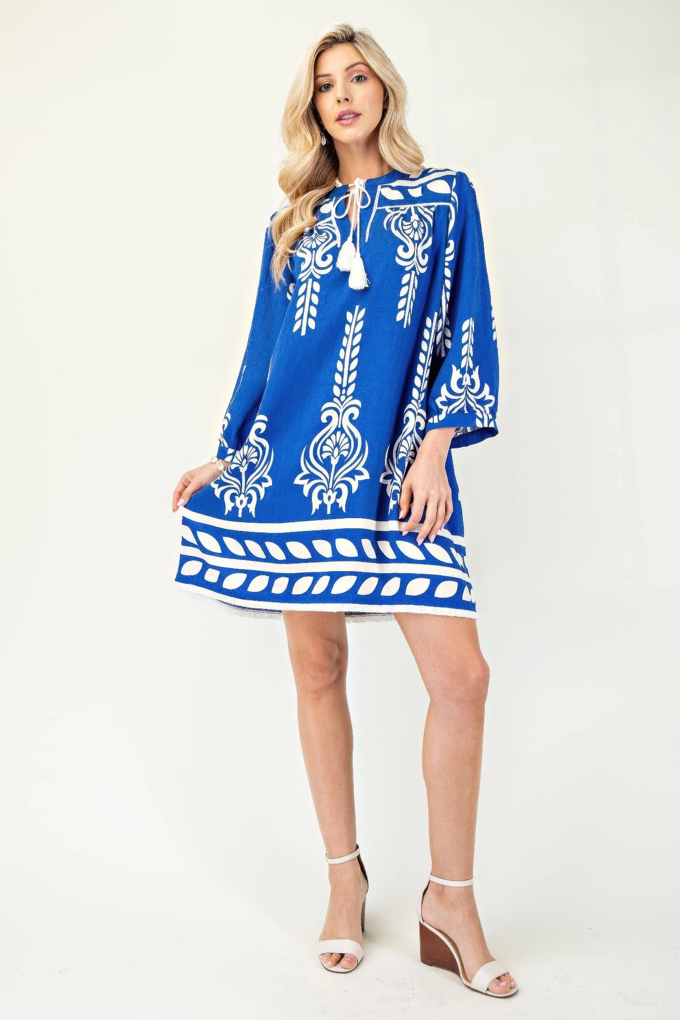 Printed 3/4 Sleeve Dress With Tassel Tie And Fringe Detail On Hem-Product Type | Naughty Smile Fashion