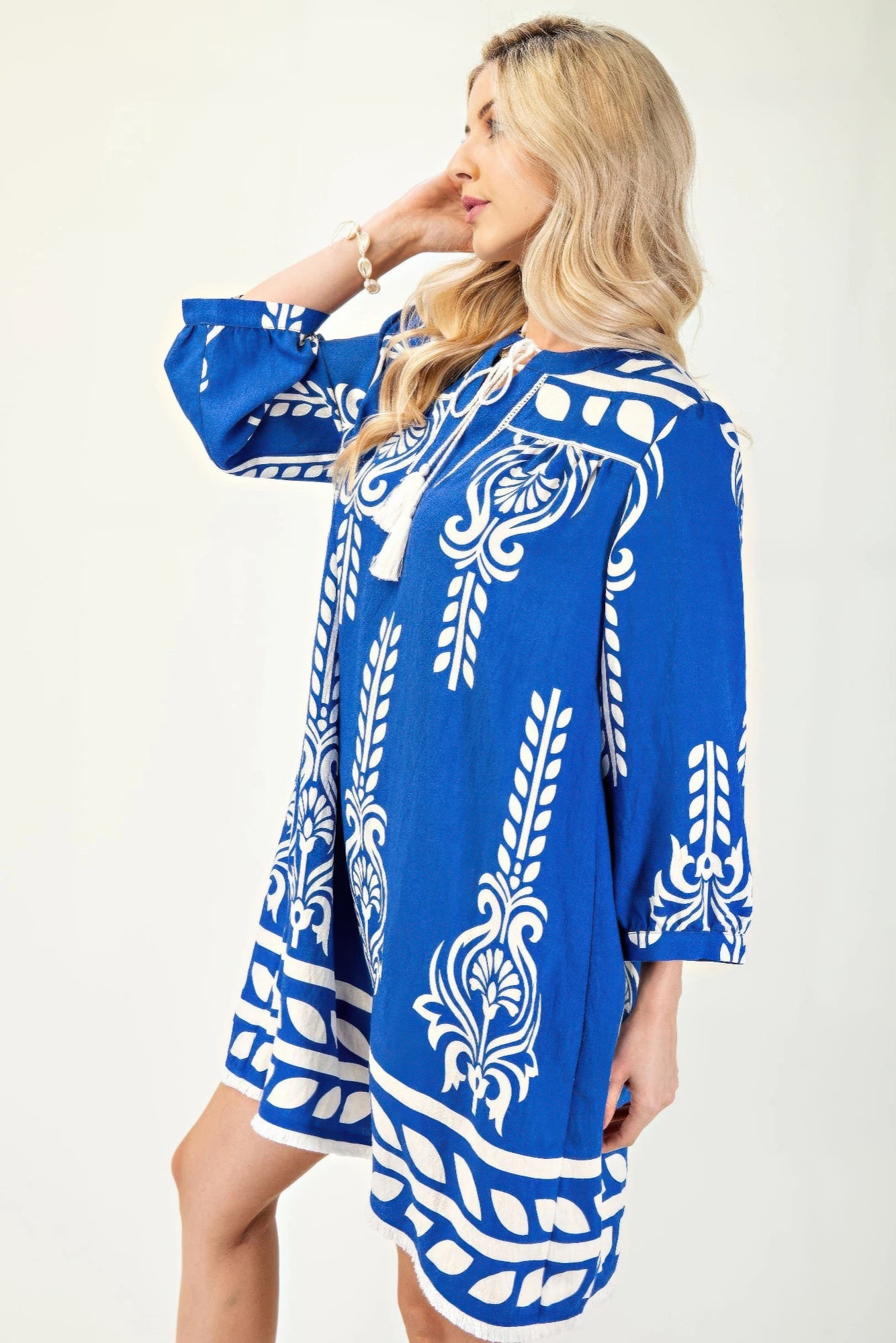 Printed 3/4 Sleeve Dress With Tassel Tie And Fringe Detail On Hem-Product Type | Naughty Smile Fashion