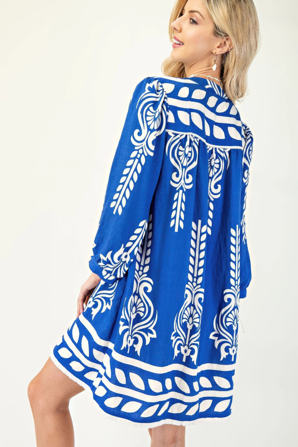 Printed 3/4 Sleeve Dress With Tassel Tie And Fringe Detail On Hem-Product Type | Naughty Smile Fashion