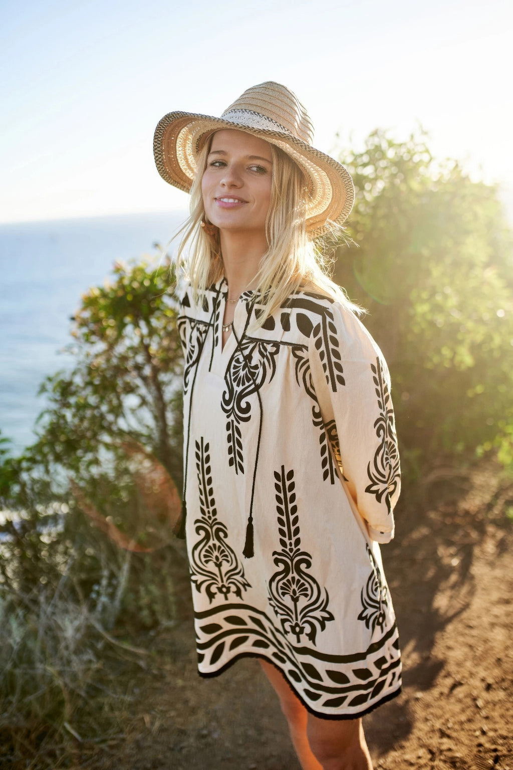 Printed 3/4 Sleeve Dress With Tassel Tie And Fringe Detail On Hem-Product Type | Naughty Smile Fashion