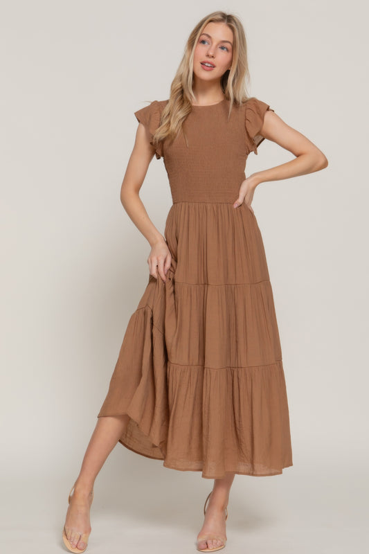 New Arrival – Ruffle Slv Smocked Solid Tired Dress – New Arrival Now Live