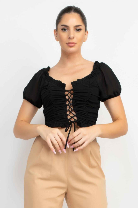 New Arrival – Back Shirred Ruffled Lace-up Crop Top – New Arrival Now Live