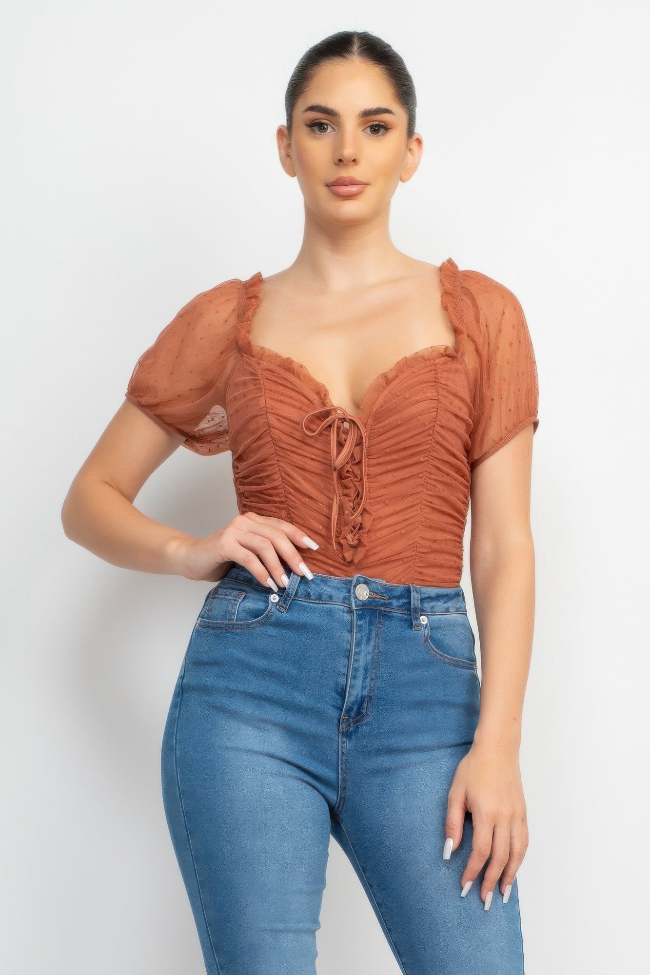 Shirred Mesh Sleeve Bodysuit-Product Type | Naughty Smile Fashion
