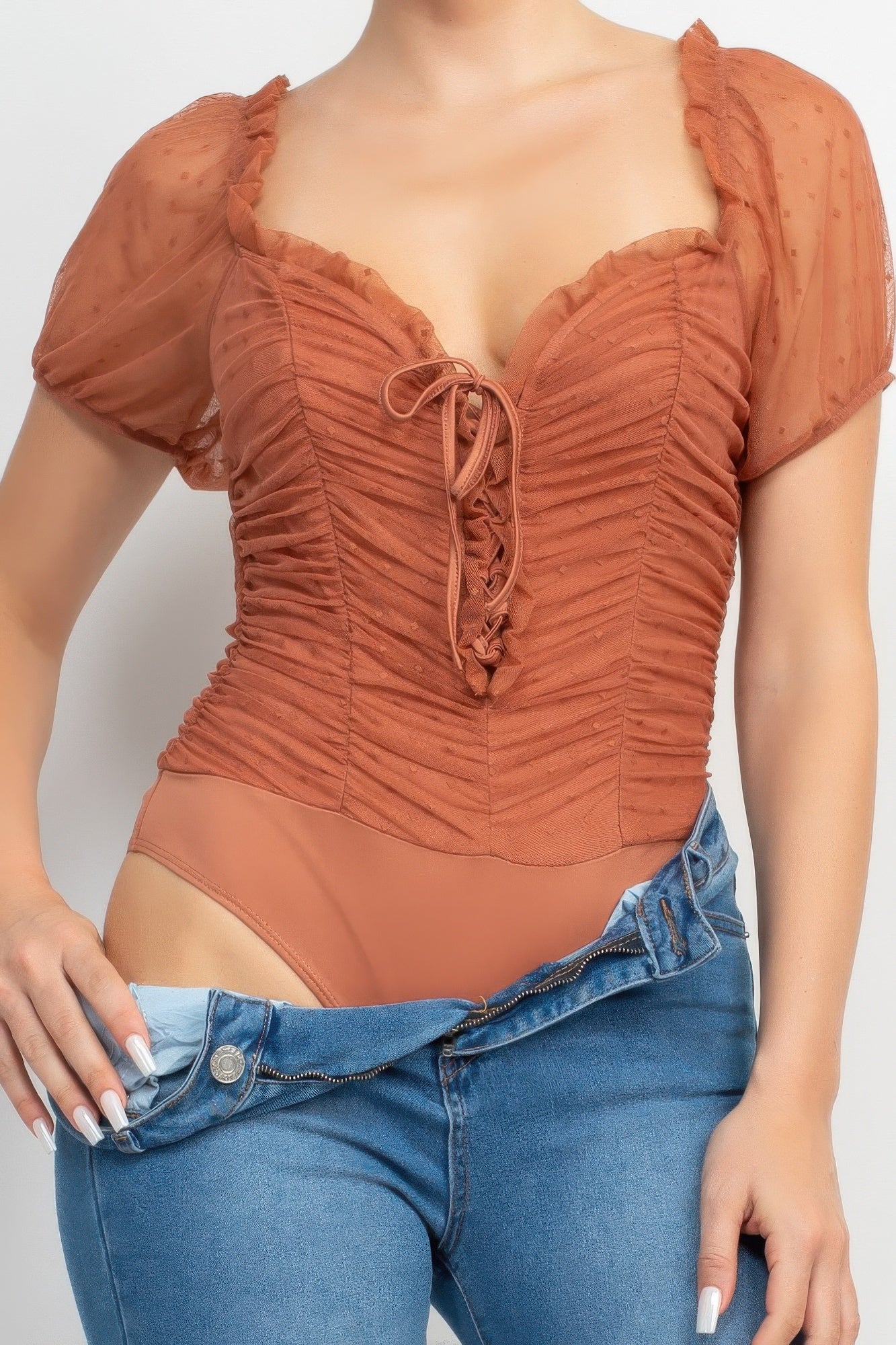 Shirred Mesh Sleeve Bodysuit-Product Type | Naughty Smile Fashion