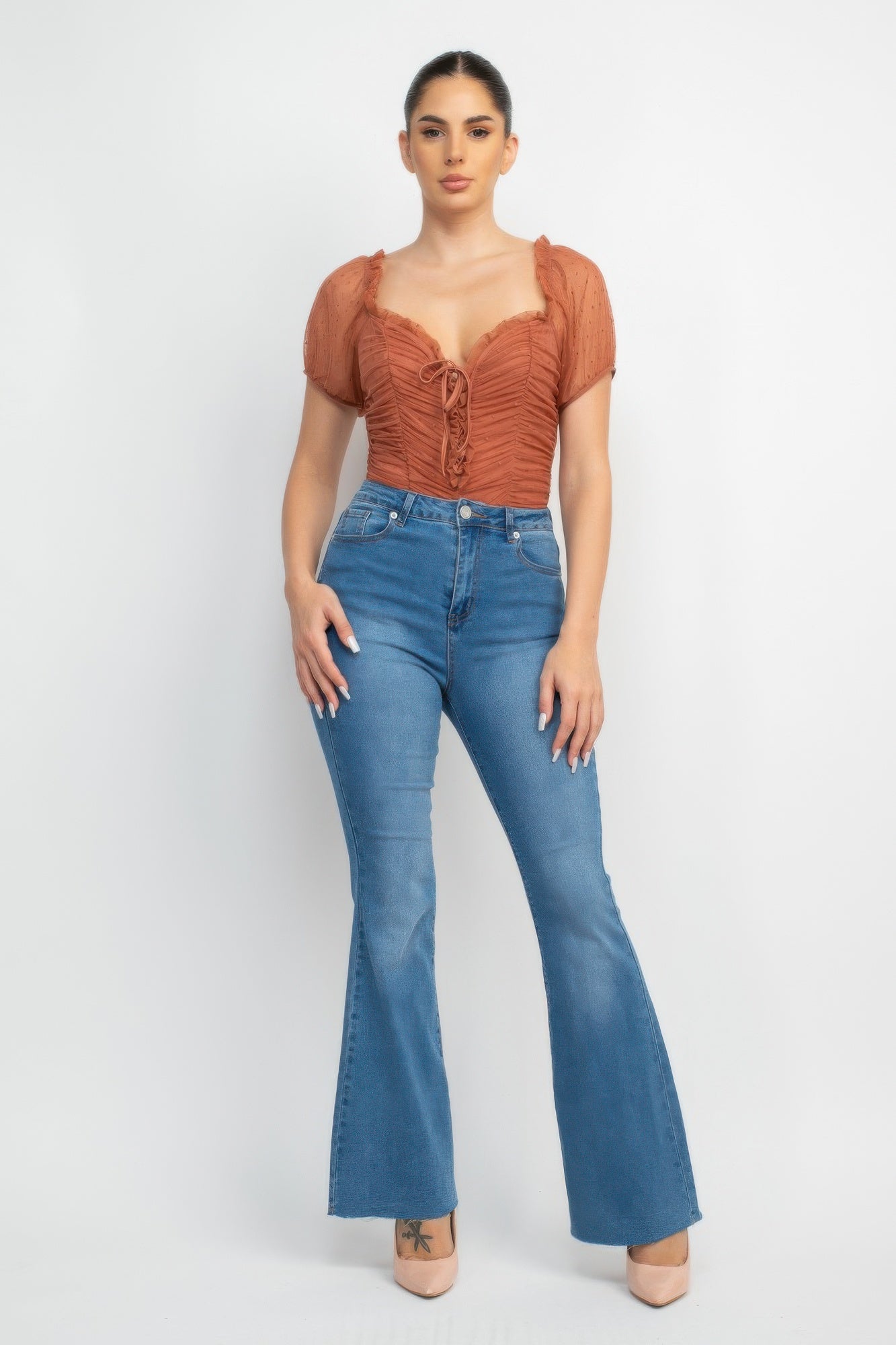 Shirred Mesh Sleeve Bodysuit-Product Type | Naughty Smile Fashion