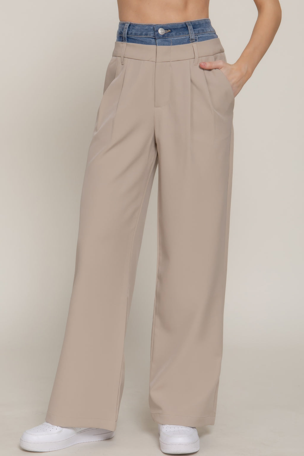 Contrast Denim Waist Straight Long Pants-Product Type | Naughty Smile Fashion