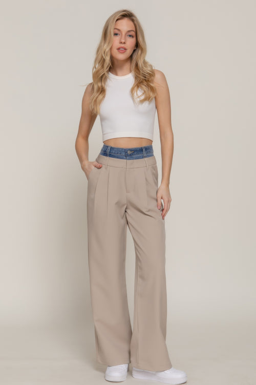 Contrast Denim Waist Straight Long Pants-Product Type | Naughty Smile Fashion