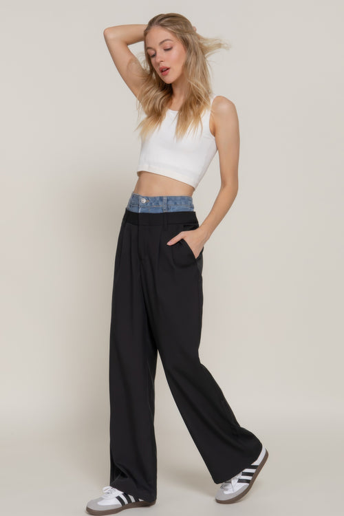 Contrast Denim Waist Straight Long Pants-Product Type | Naughty Smile Fashion