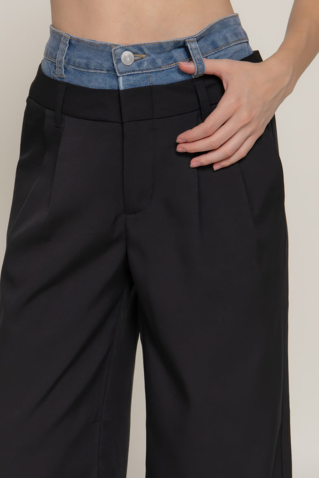 Contrast Denim Waist Straight Long Pants-Product Type | Naughty Smile Fashion