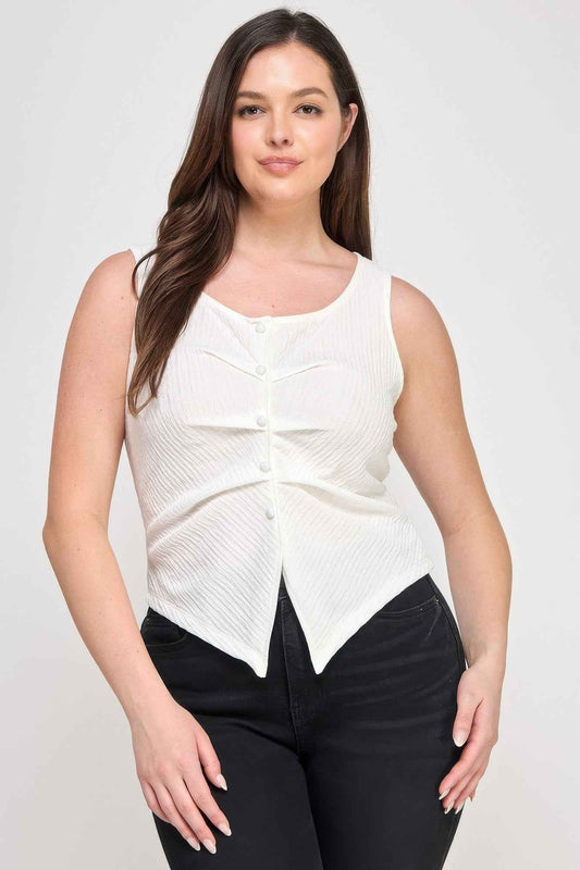 New Arrival – Plus Sleeveless Crinkle Knit Faux Button Down Top – New Arrival Now Live