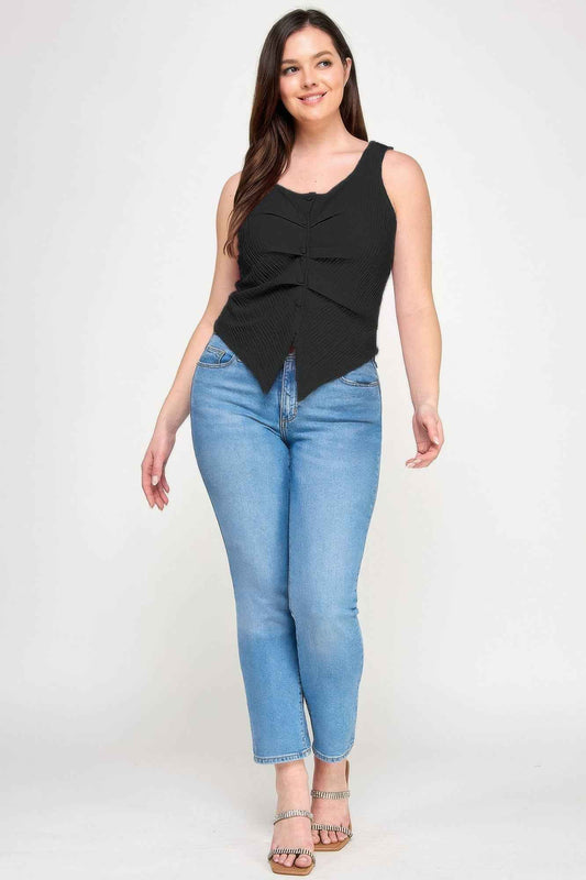New Arrival – Plus Sleeveless Crinkle Knit Faux Button Down Top – New Arrival Now Live