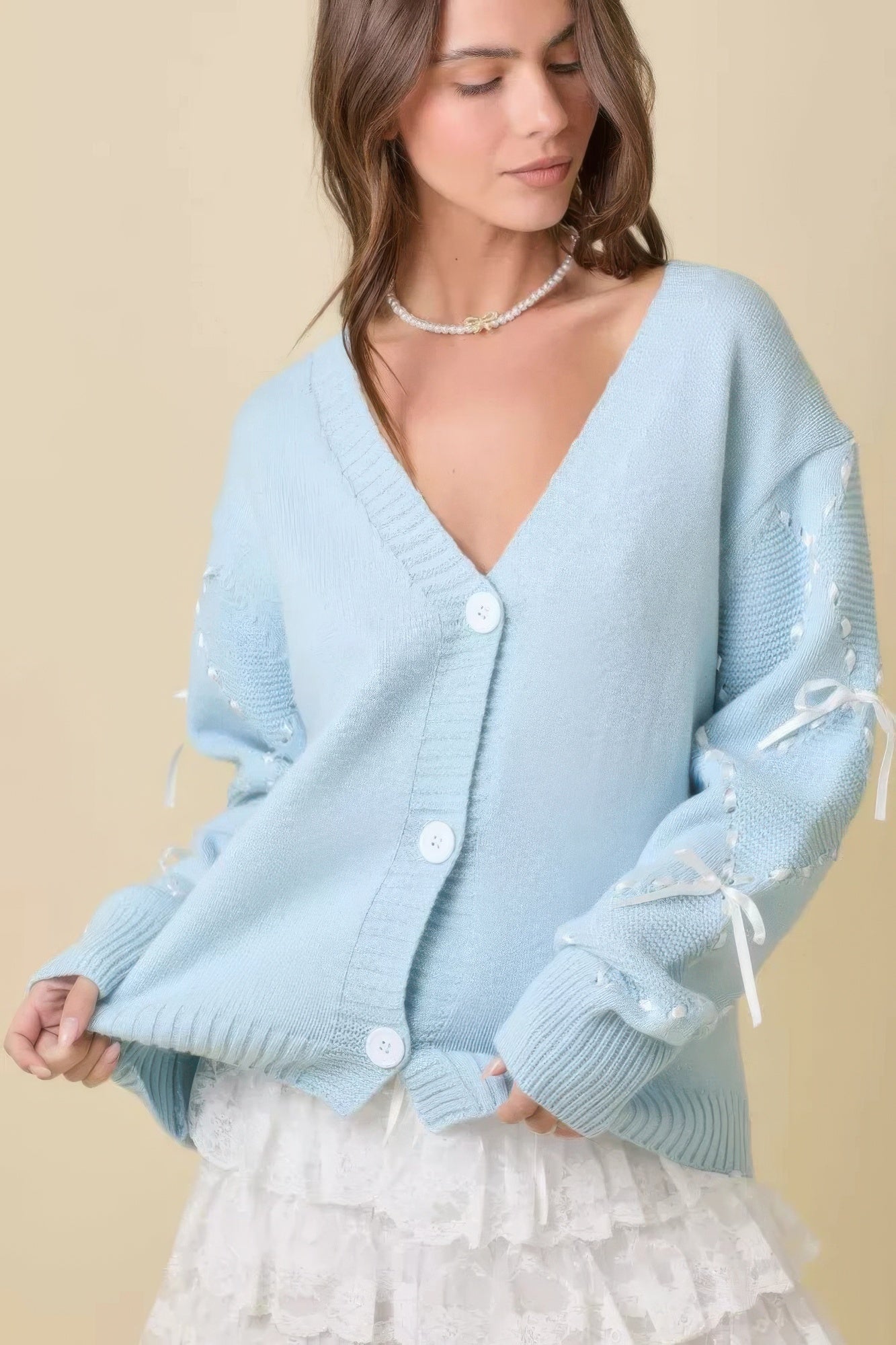 Hand Sewn Satin Ribbon Detail On Sleeve Cardigan-Product Type | Naughty Smile Fashion
