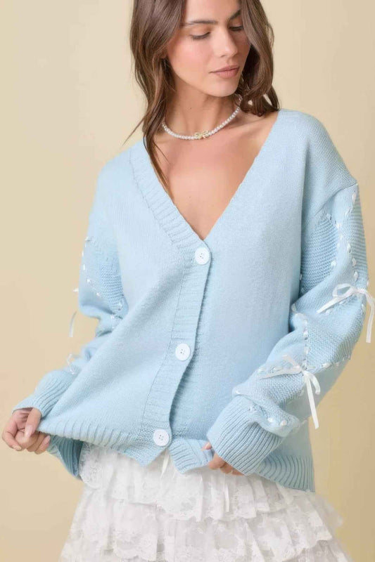 New Arrival – Hand Sewn Satin Ribbon Detail On Sleeve Cardigan – New Arrival Now Live
