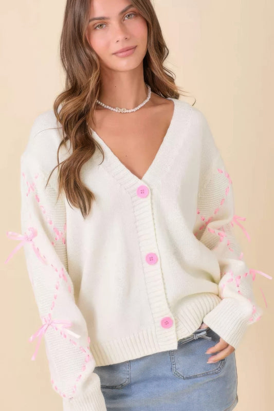 New Arrival – Hand Sewn Satin Ribbon Detail On Sleeve Cardigan – New Arrival Now Live