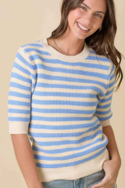 New Arrival – Short Sleeve Sweater Knit Stripe Top – New Arrival Now Live