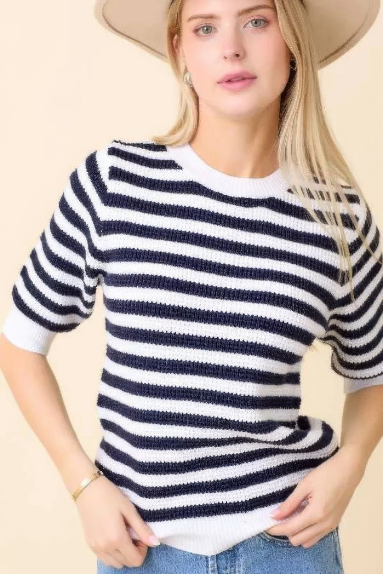 Short Sleeve Sweater Knit Stripe Top-Product Type | Naughty Smile Fashion