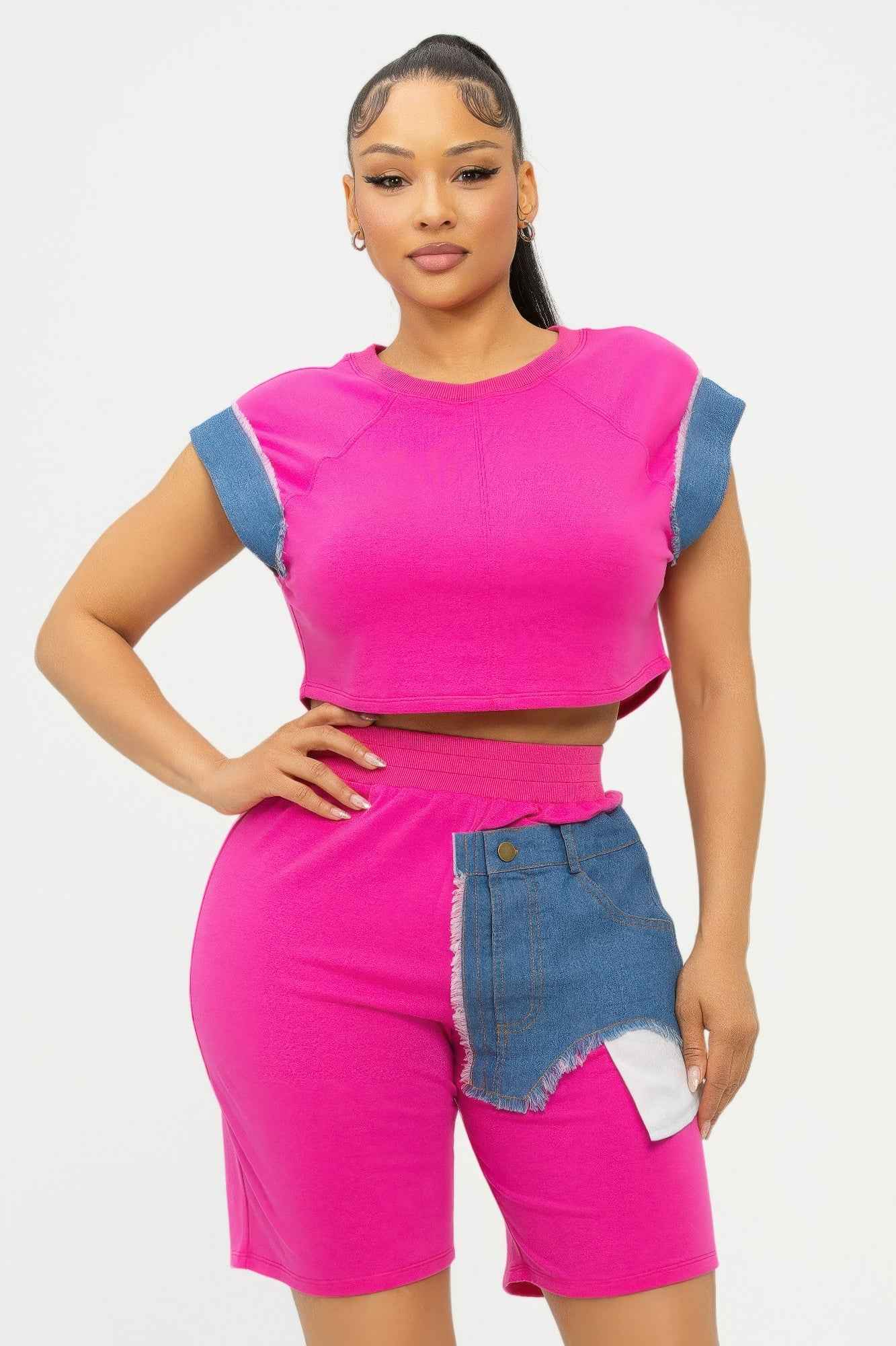 New Arrival – Color Block Denim Sleeve Top And Biker Shorts Set – New Arrival Now Live