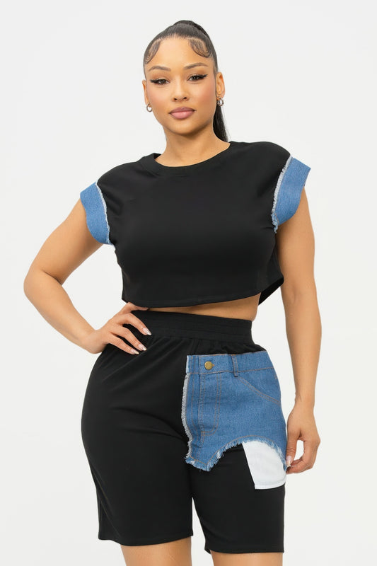 New Arrival – Color Block Denim Sleeve Top And Biker Shorts Set – New Arrival Now Live