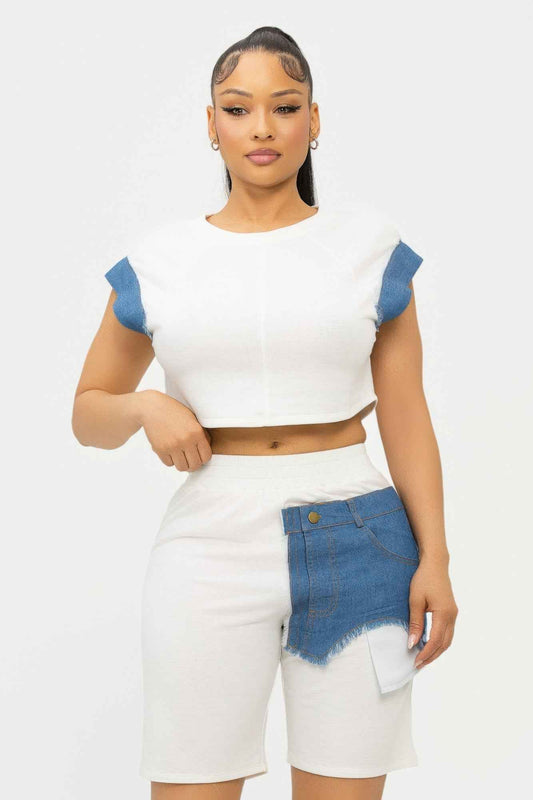 New Arrival – Color Block Denim Sleeve Top And Biker Shorts Set – New Arrival Now Live