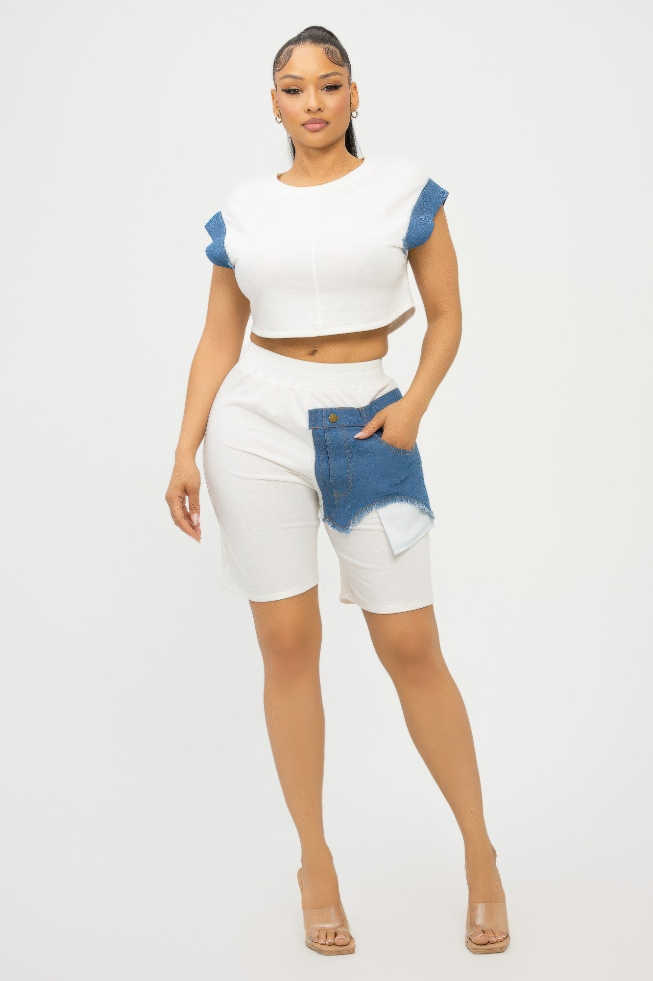 Color Block Denim Sleeve Top And Biker Shorts Set-Product Type | Naughty Smile Fashion