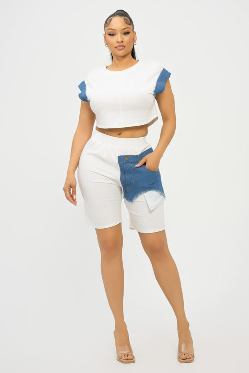 Color Block Denim Sleeve Top And Biker Shorts Set-Product Type | Naughty Smile Fashion