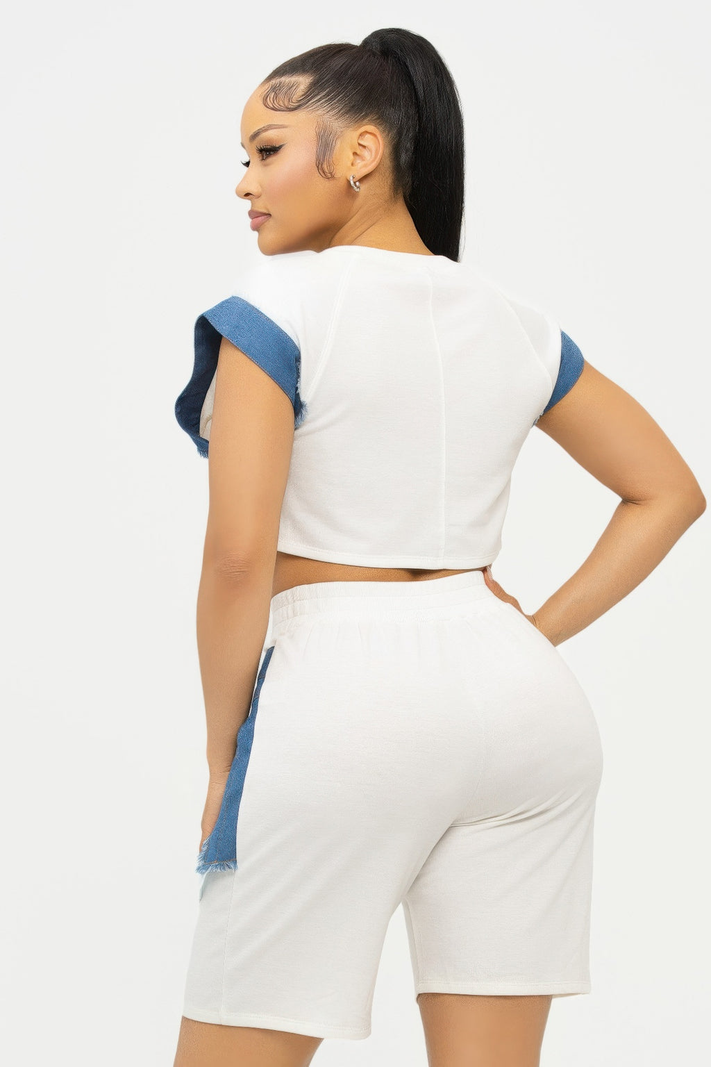 Color Block Denim Sleeve Top And Biker Shorts Set-Product Type | Naughty Smile Fashion