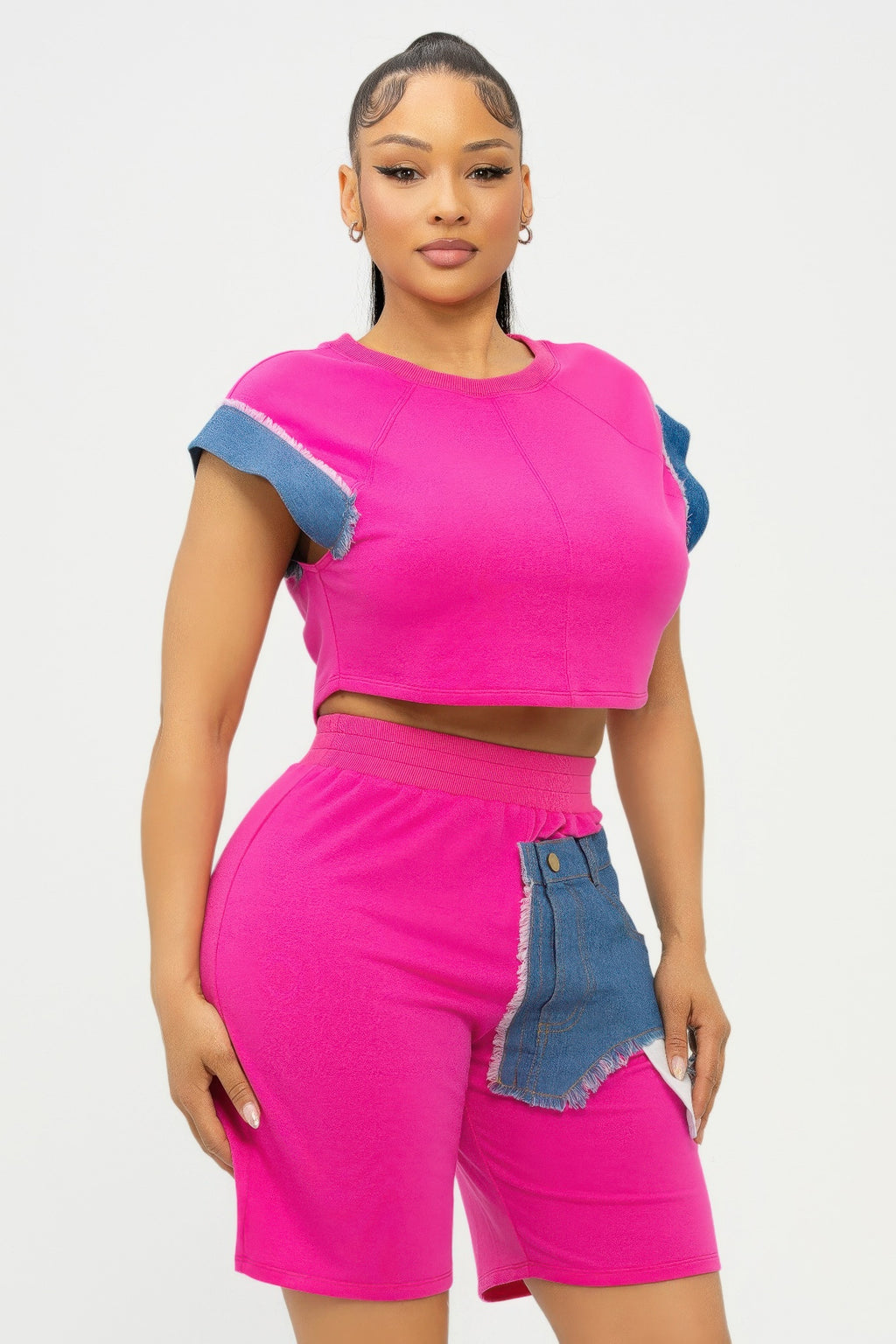 Color Block Denim Sleeve Top And Biker Shorts Set-Product Type | Naughty Smile Fashion