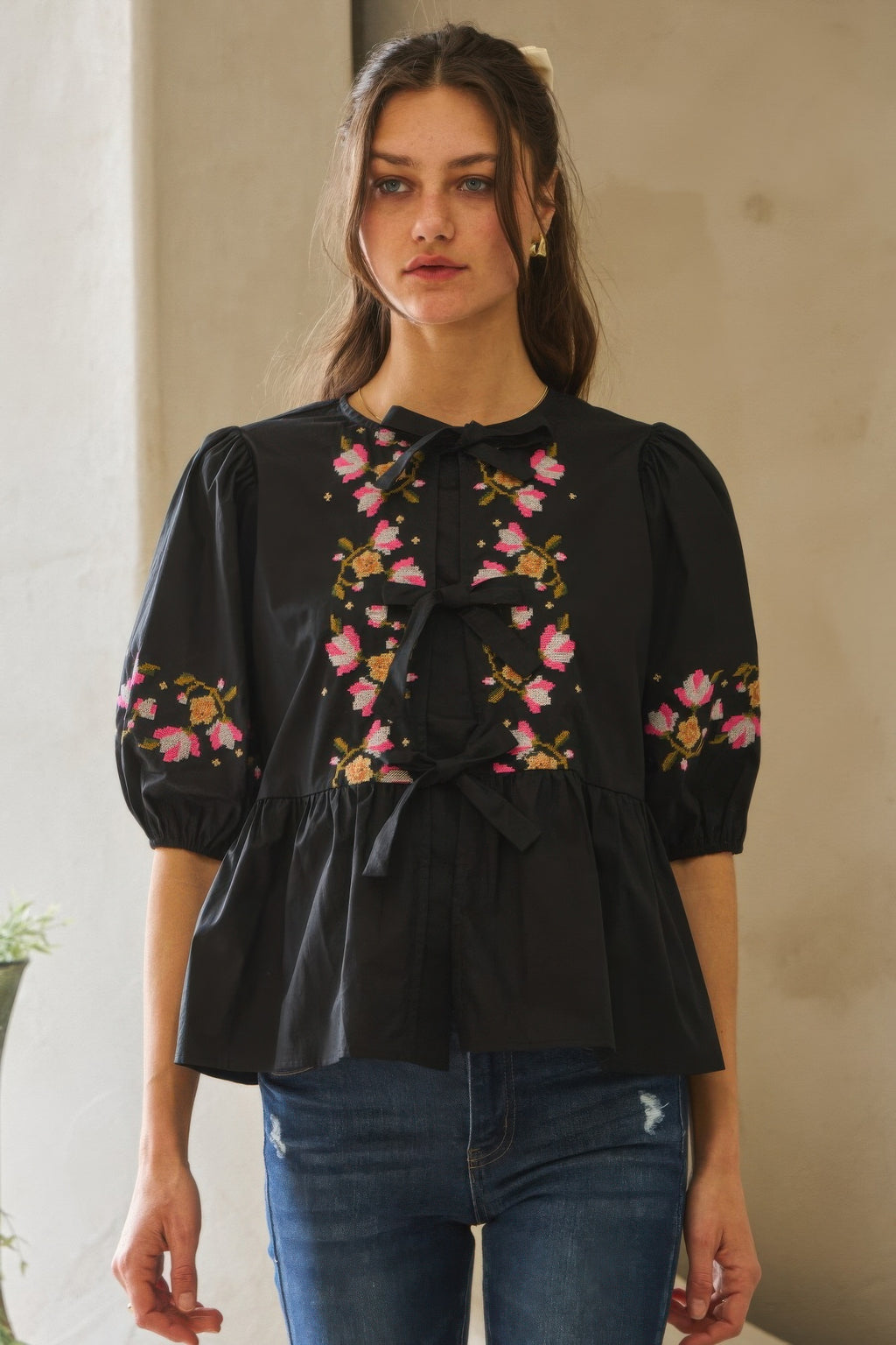 Poplin Front Ribbon Tie Blouse-Product Type | Naughty Smile Fashion