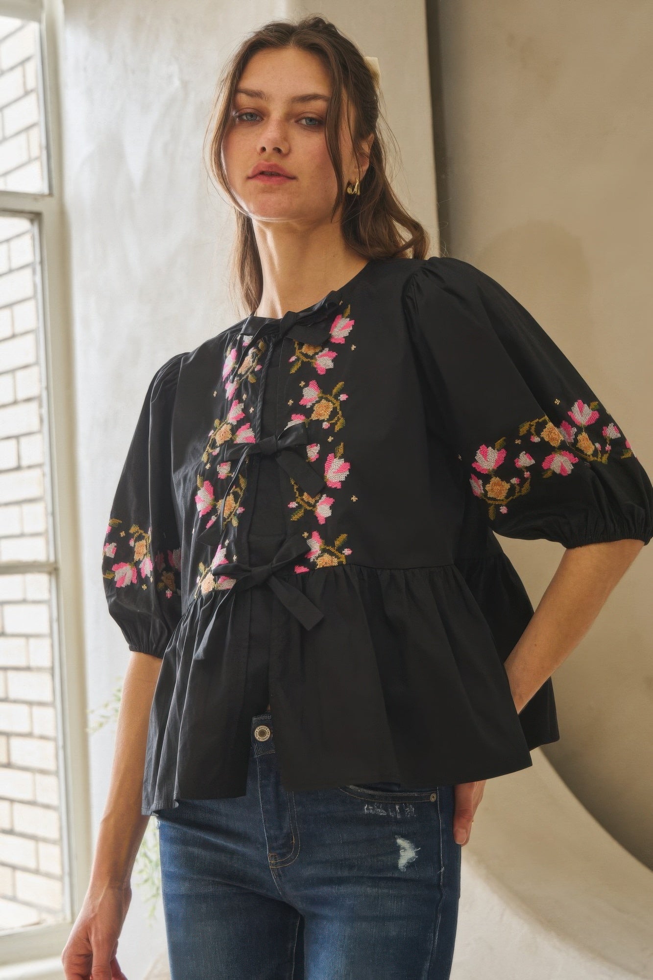 Poplin Front Ribbon Tie Blouse-Product Type | Naughty Smile Fashion