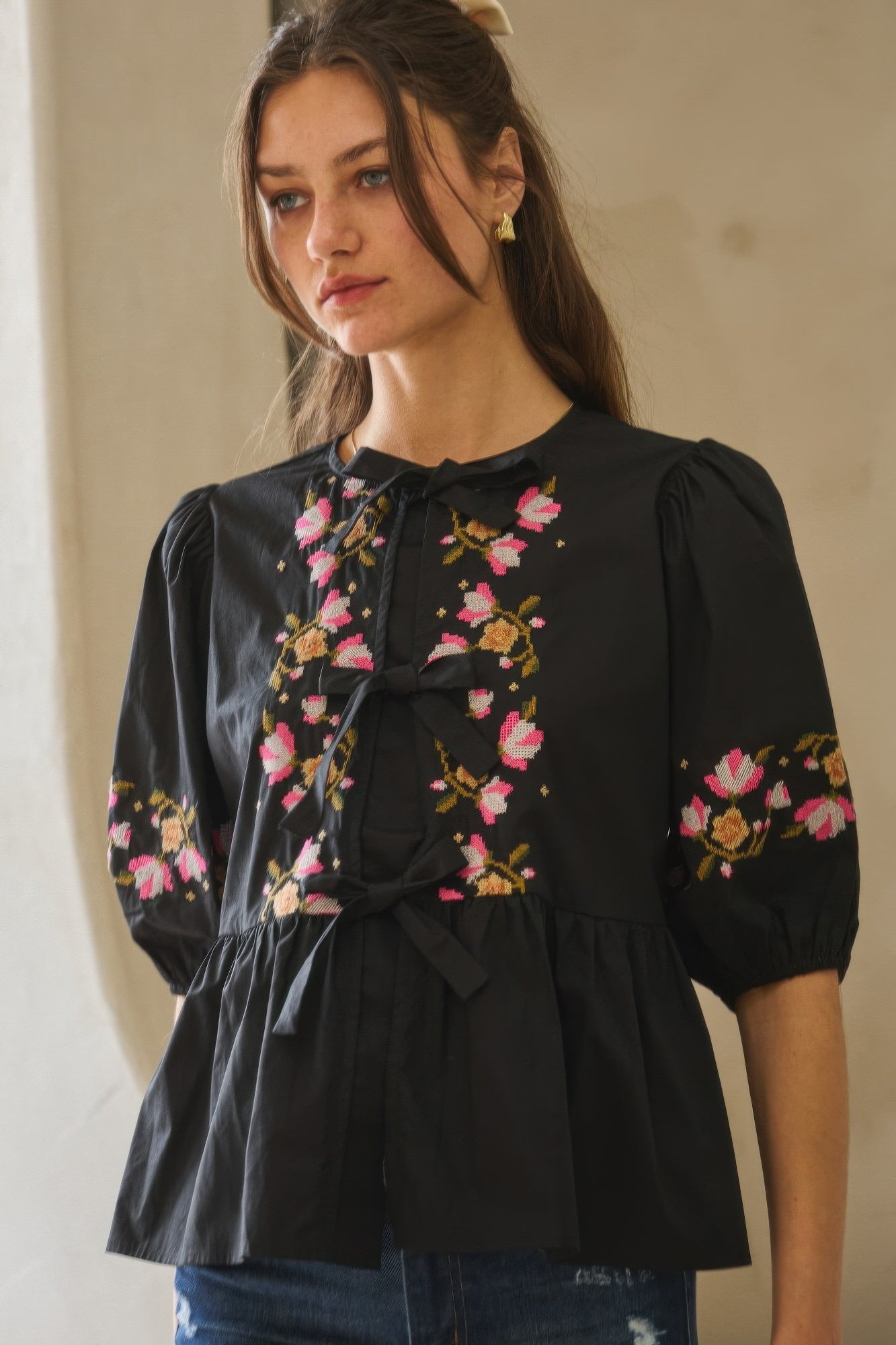 Poplin Front Ribbon Tie Blouse-Product Type | Naughty Smile Fashion