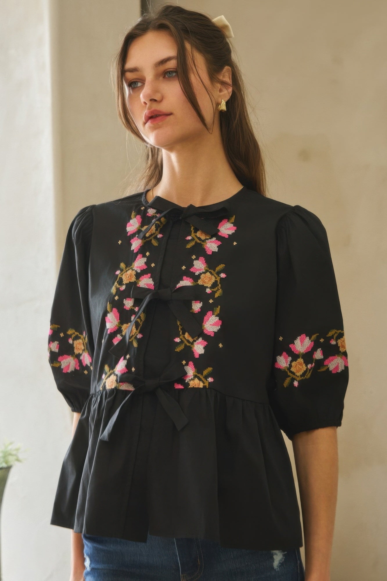 Poplin Front Ribbon Tie Blouse-Product Type | Naughty Smile Fashion